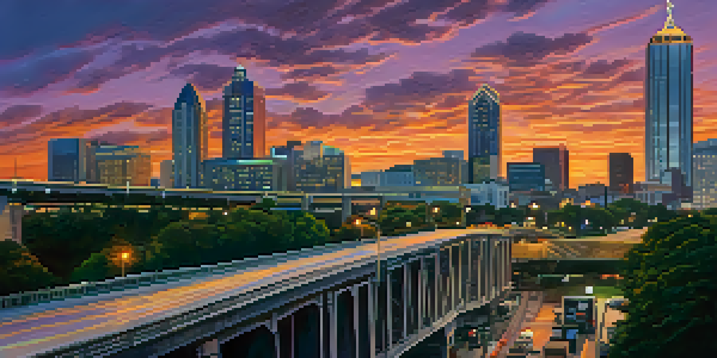 A sunset view of the Atlanta skyline from the Jackson Street Bridge, showcasing a vibrant sky and cityscape.