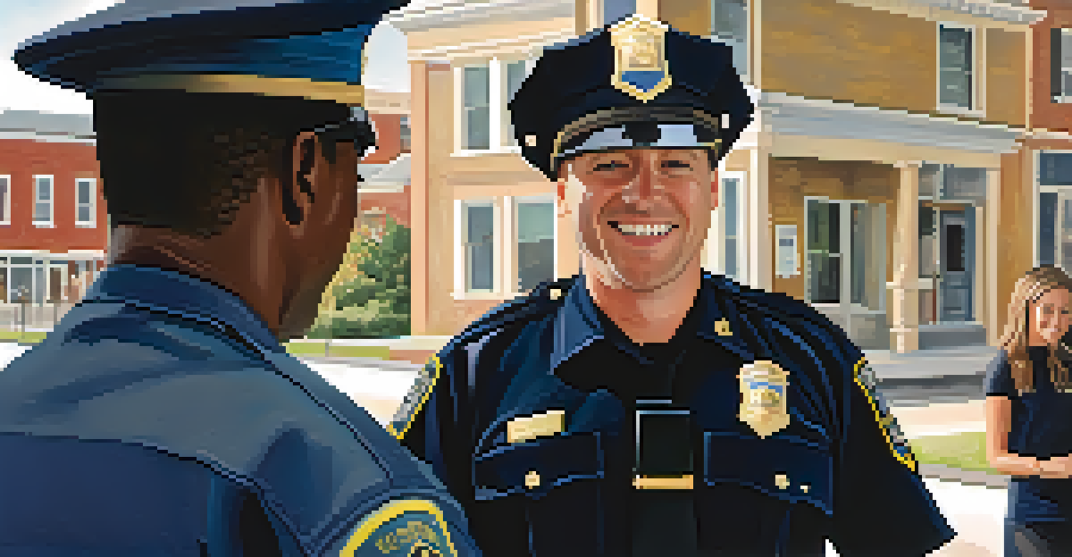 A police officer and a healthcare provider discussing in a sunny neighborhood, representing collaboration against the opioid crisis.