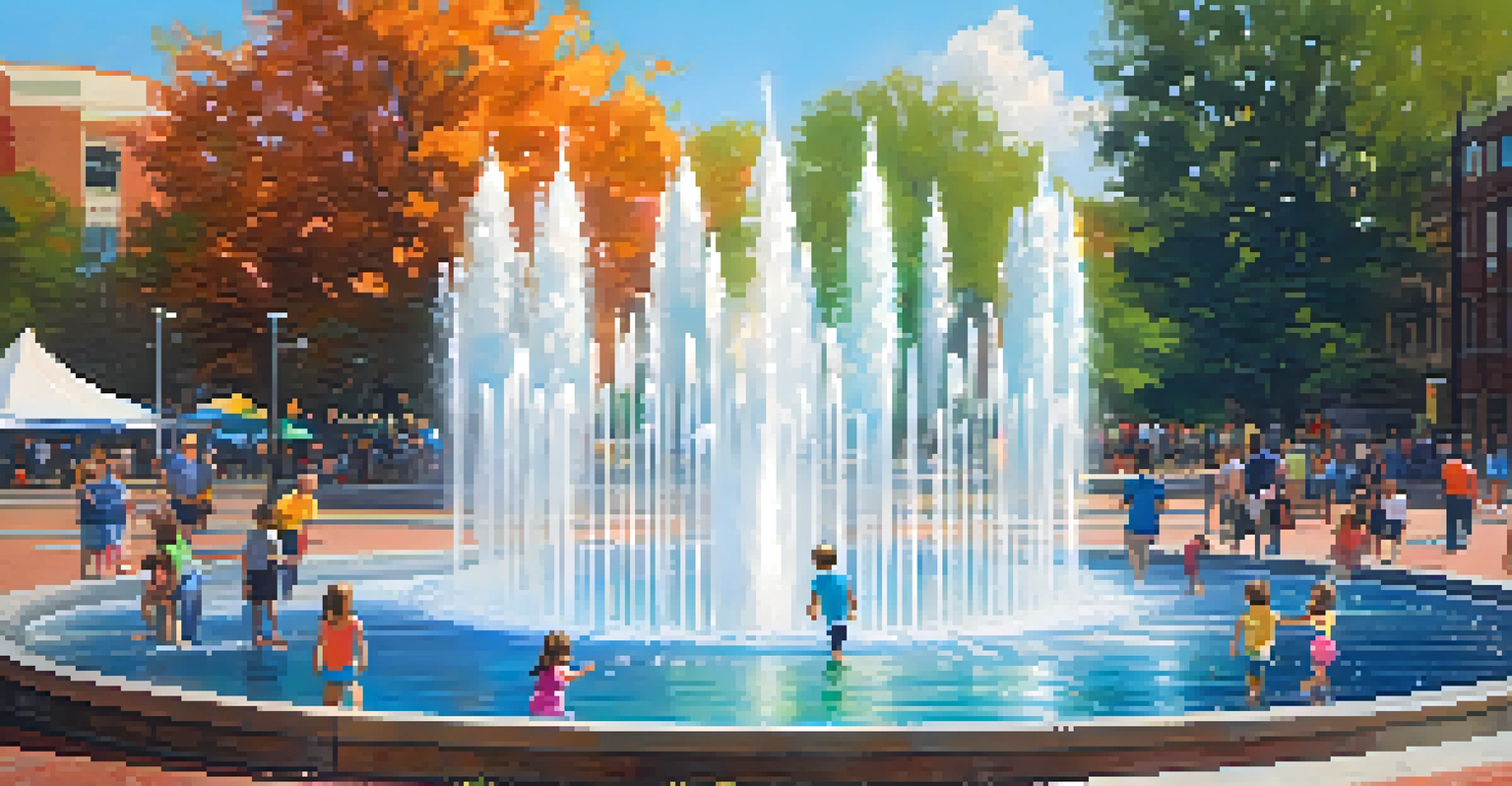 Children playing in the water jets of the Fountain of Rings in Centennial Olympic Park with colorful flowers around.
