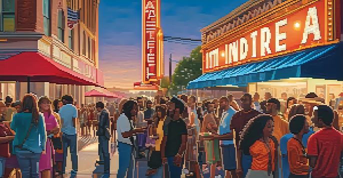 A lively gathering of diverse people outside a historic theater during the Atlanta Film Festival, with colorful banners and food trucks, illuminated by a warm sunset.