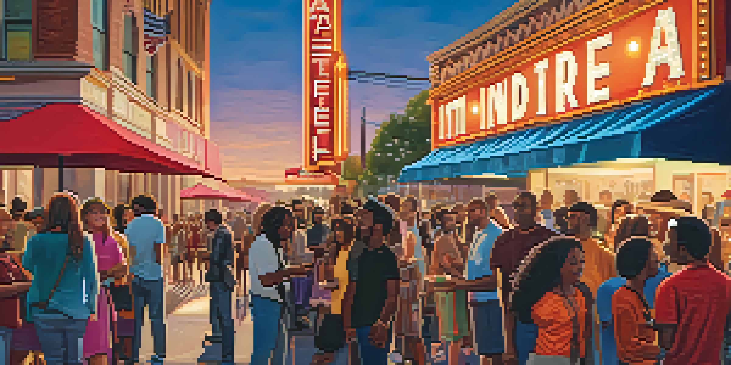 A lively gathering of diverse people outside a historic theater during the Atlanta Film Festival, with colorful banners and food trucks, illuminated by a warm sunset.