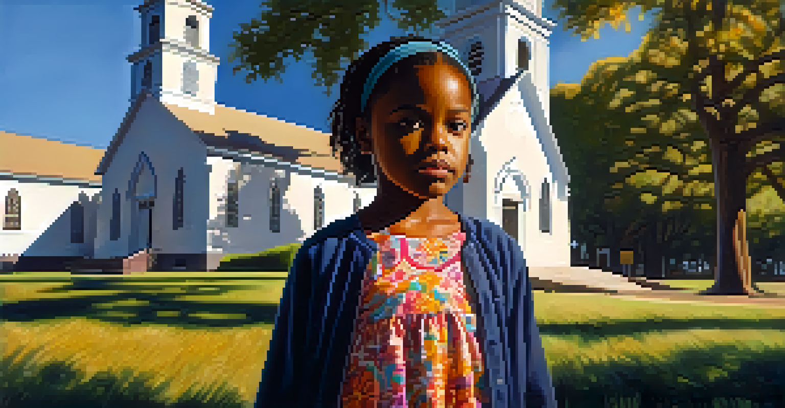 A young African American girl in a colorful dress stands determined in front of a church with sunlight filtering through the trees.