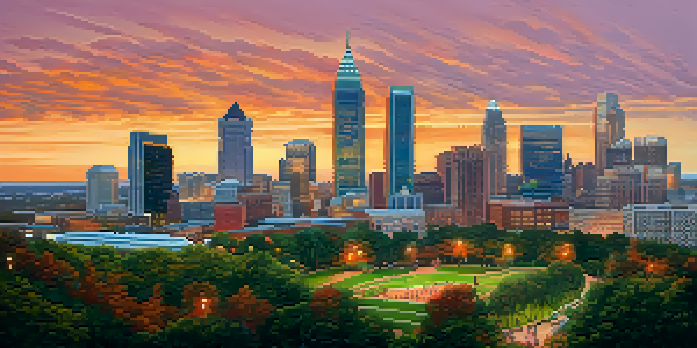 A sunset view of Atlanta's skyline with modern skyscrapers and historic buildings, surrounded by green parks and people.