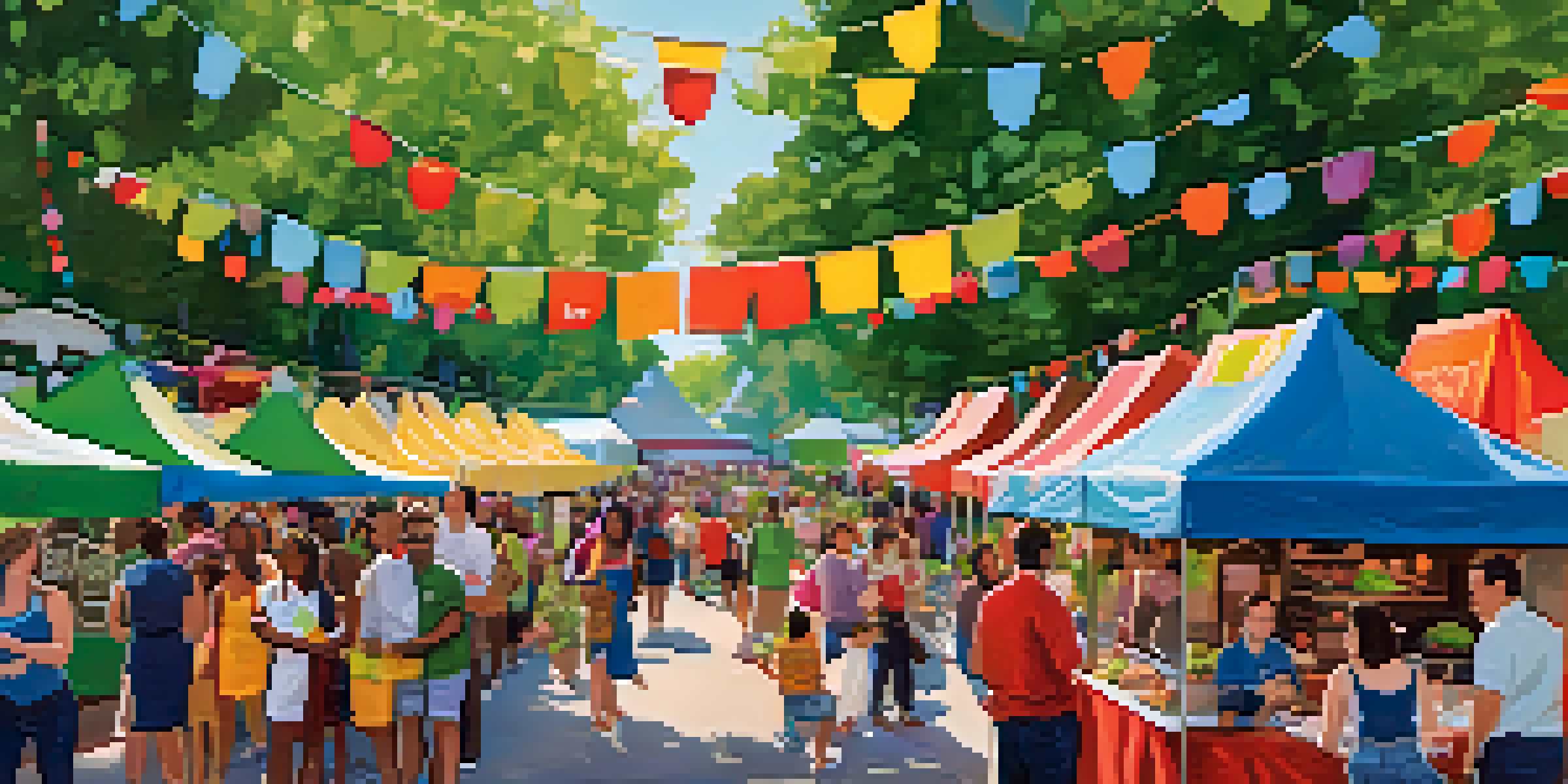 A lively outdoor festival scene with diverse people enjoying food from trucks, surrounded by greenery and colorful decorations.