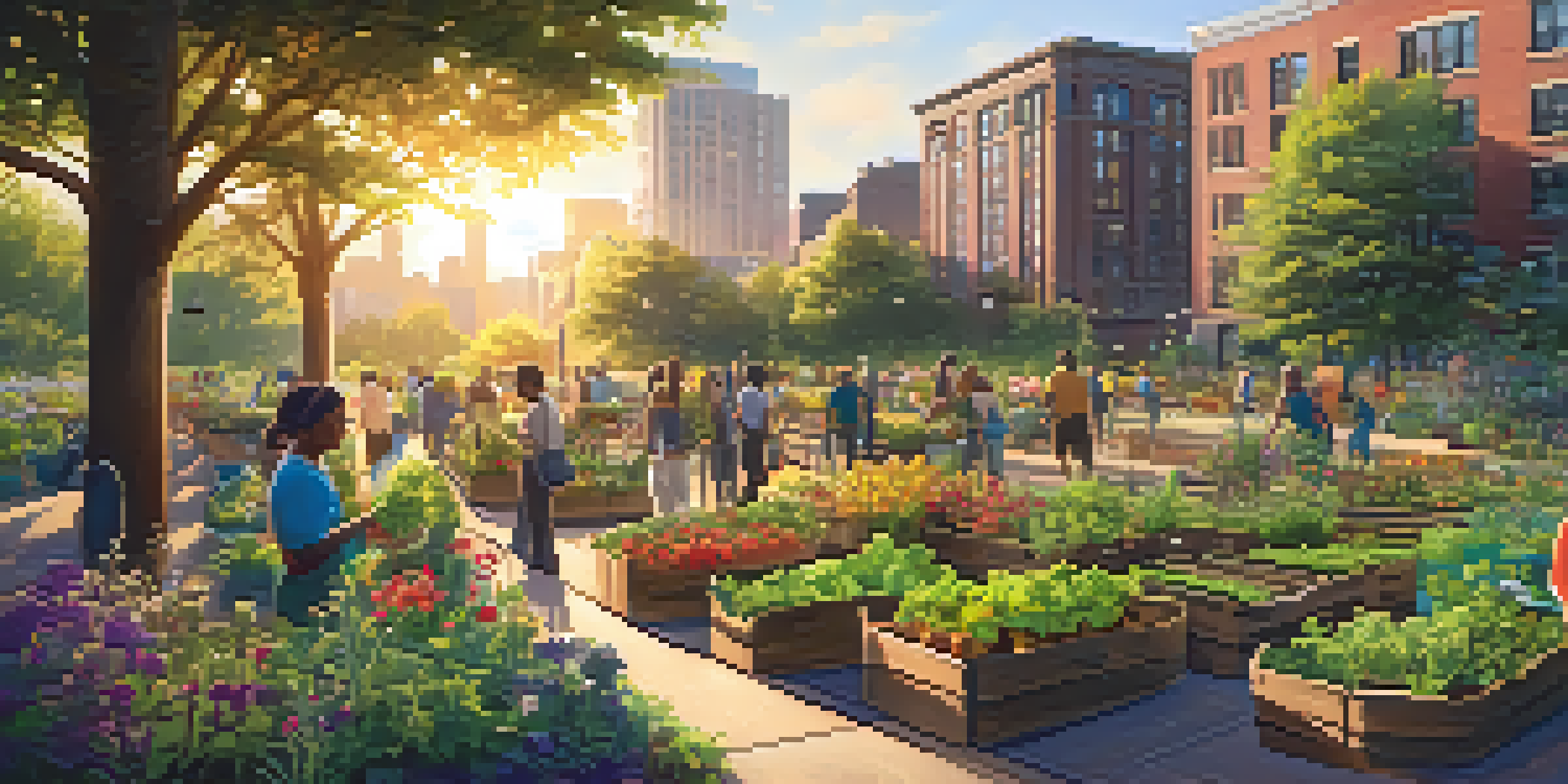 A diverse group of people working together in a colorful community garden in Atlanta, with vegetables and flowers, bathed in warm sunlight.