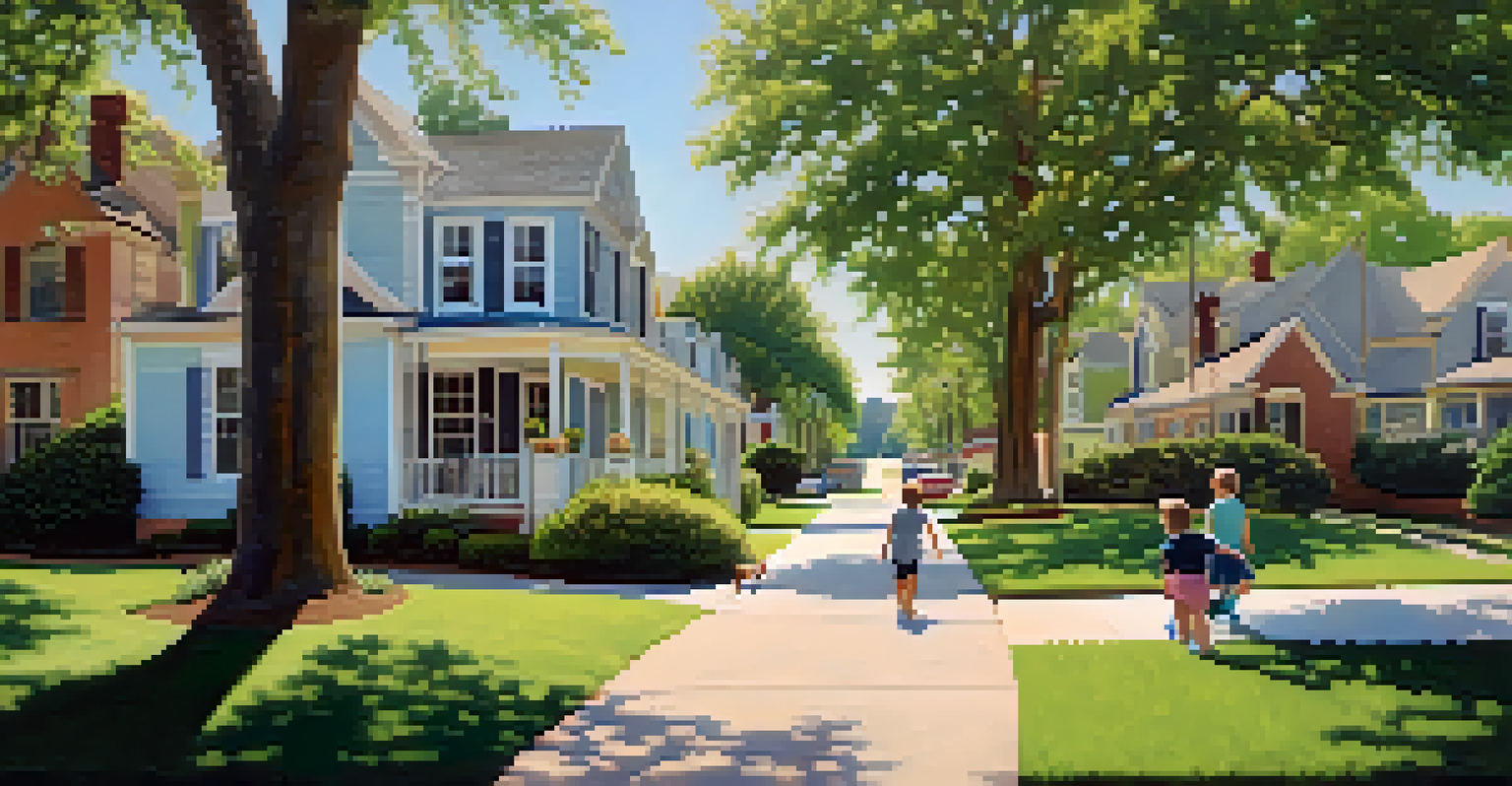 A suburban neighborhood in Atlanta with spacious homes, children playing in a park, and families walking dogs on a sunny day.