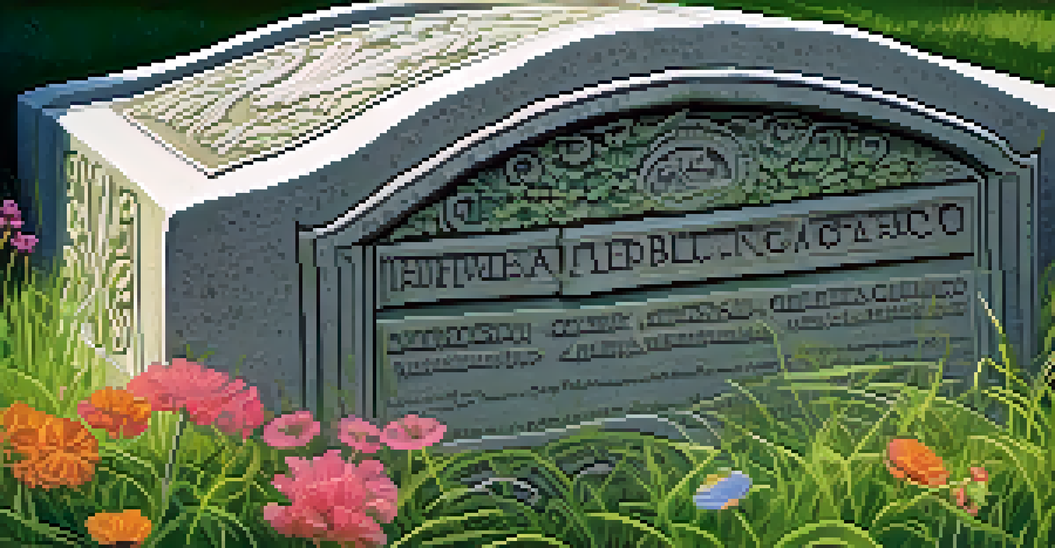 A detailed gravestone with floral carvings, surrounded by flowers and grass, illuminated by morning light.