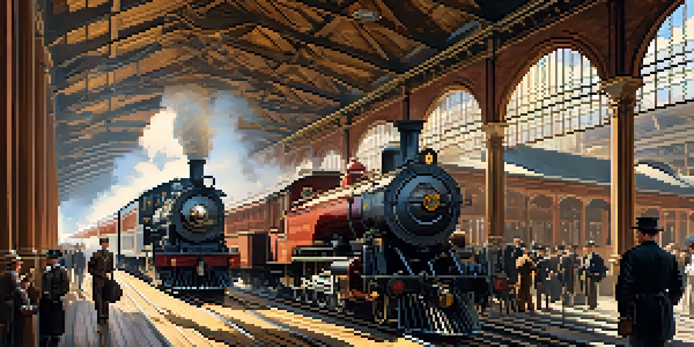A historical depiction of a busy train station in 19th-century Atlanta with steam locomotives and people in period clothing.
