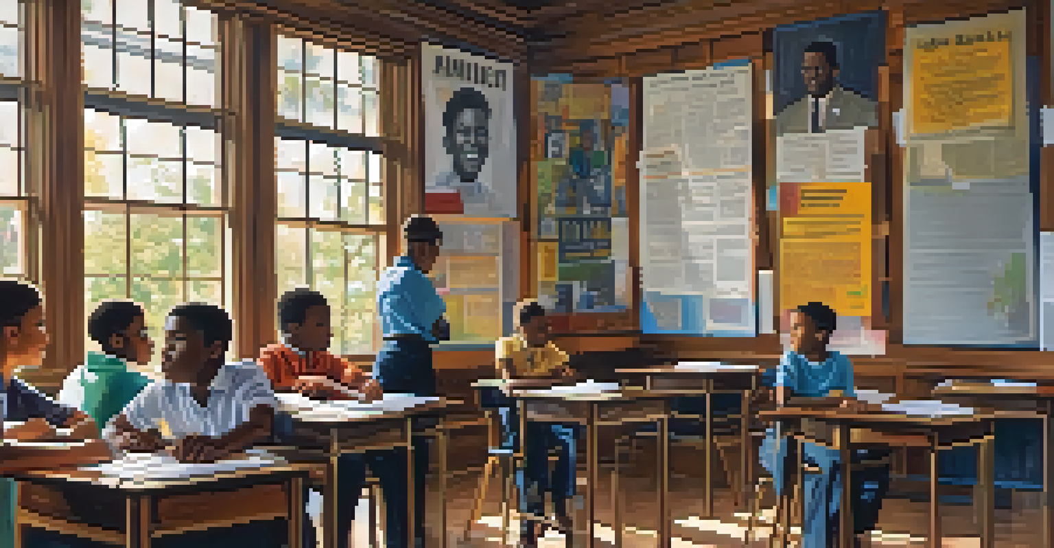 A classroom in Atlanta with students discussing their rights, surrounded by educational posters about equality and justice, illuminated by sunlight.