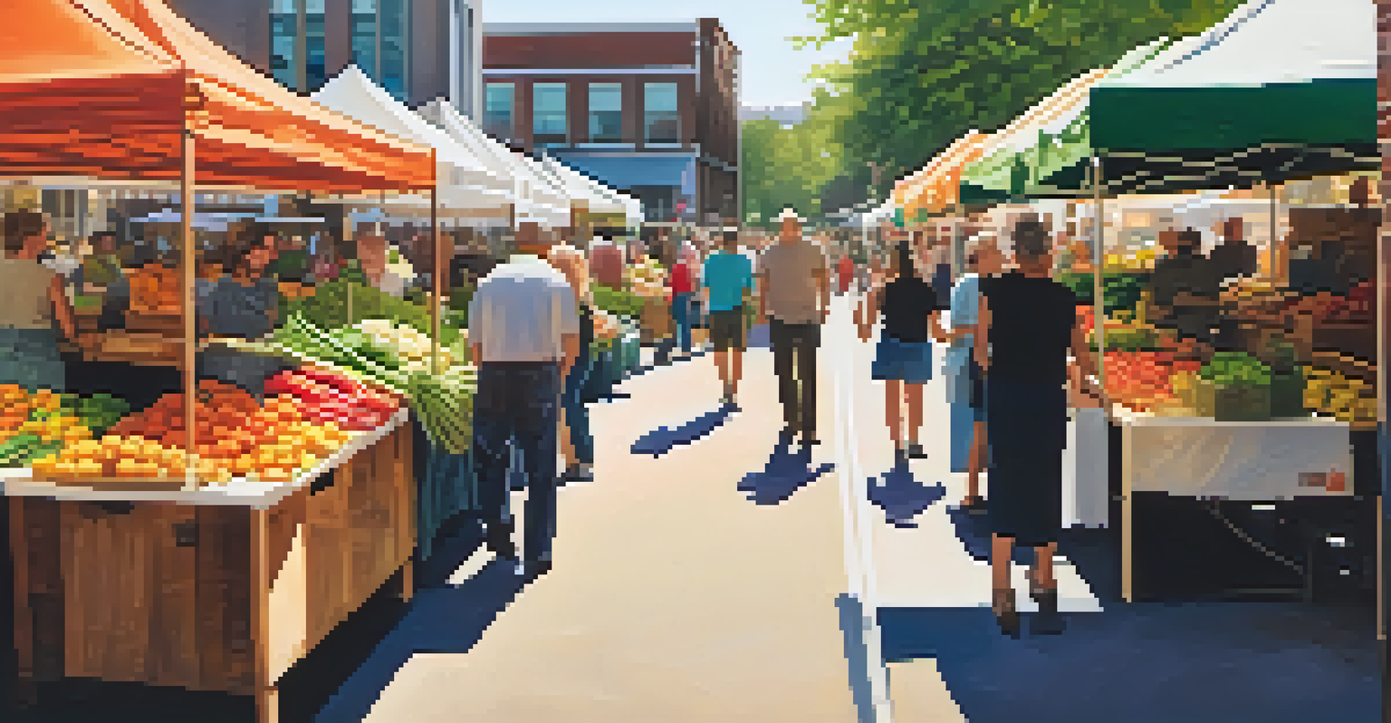 An outdoor farmers' market in Atlanta with vendors selling fresh produce and customers engaging in lively conversations under warm sunlight.