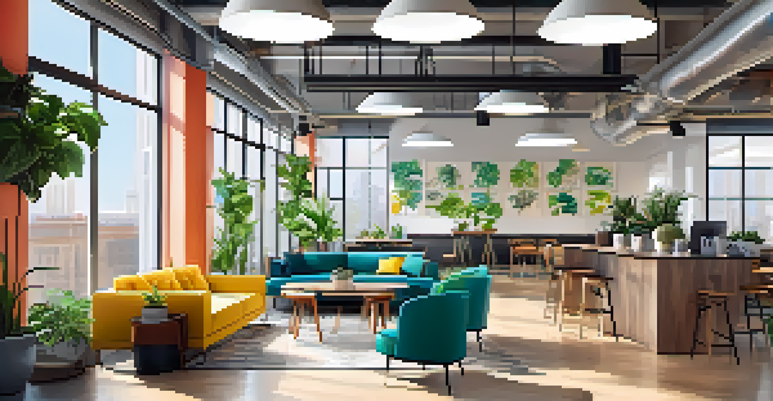 A modern co-working space in Atlanta filled with young professionals collaborating in a bright and stylish environment.
