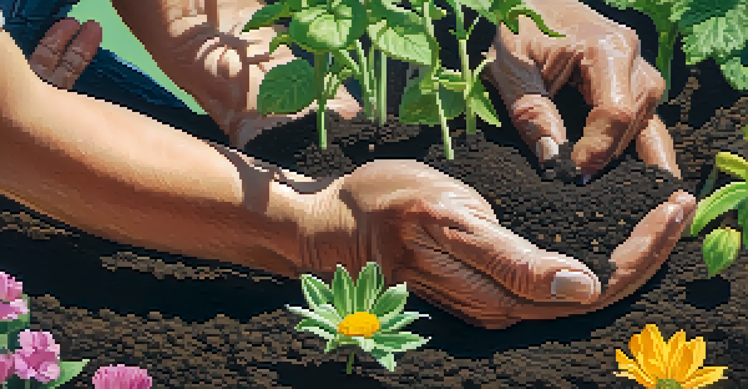 Close-up of hands planting seeds in dark soil in a community garden, with blurred greenery in the background.