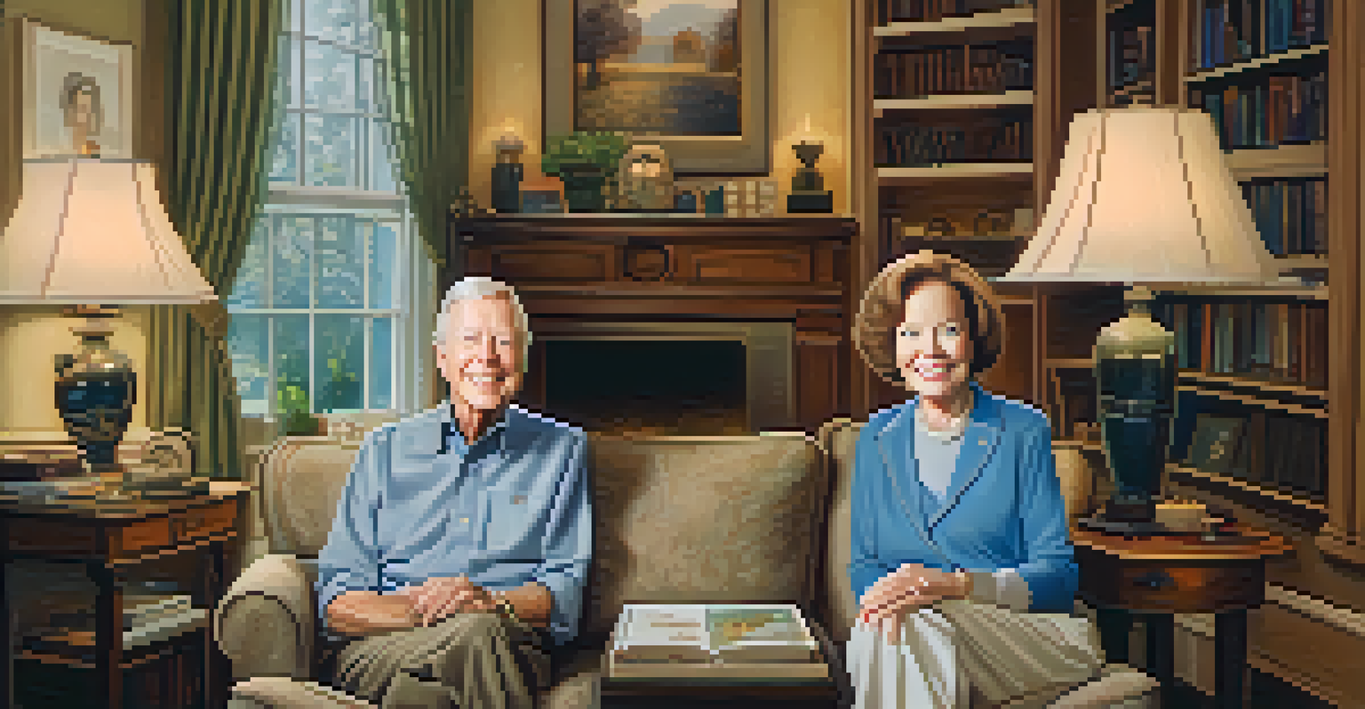 A warm portrait of Jimmy and Rosalynn Carter smiling together in their home, surrounded by family photos and personal items.