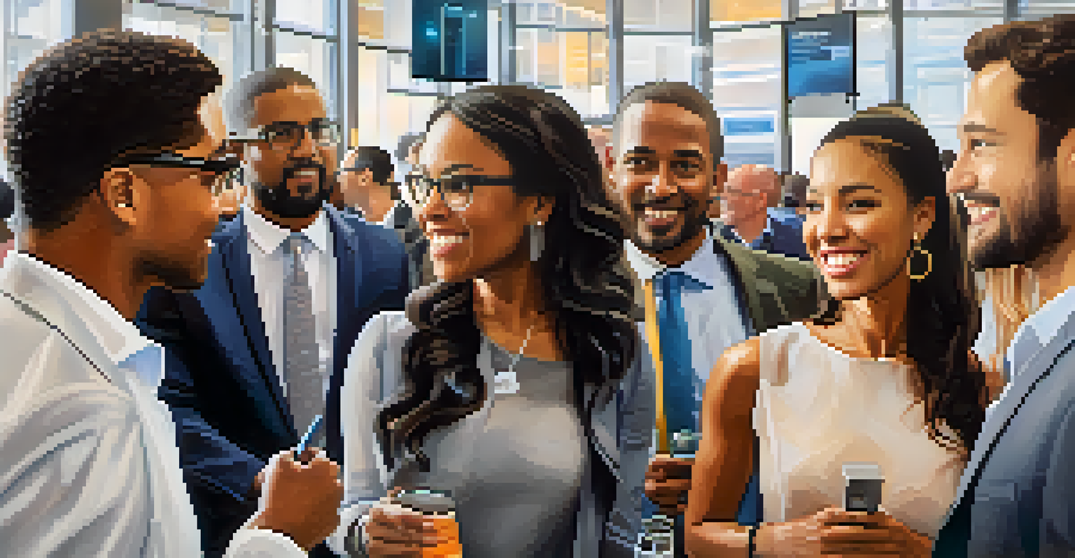 A diverse group of entrepreneurs networking at a tech conference in Atlanta.