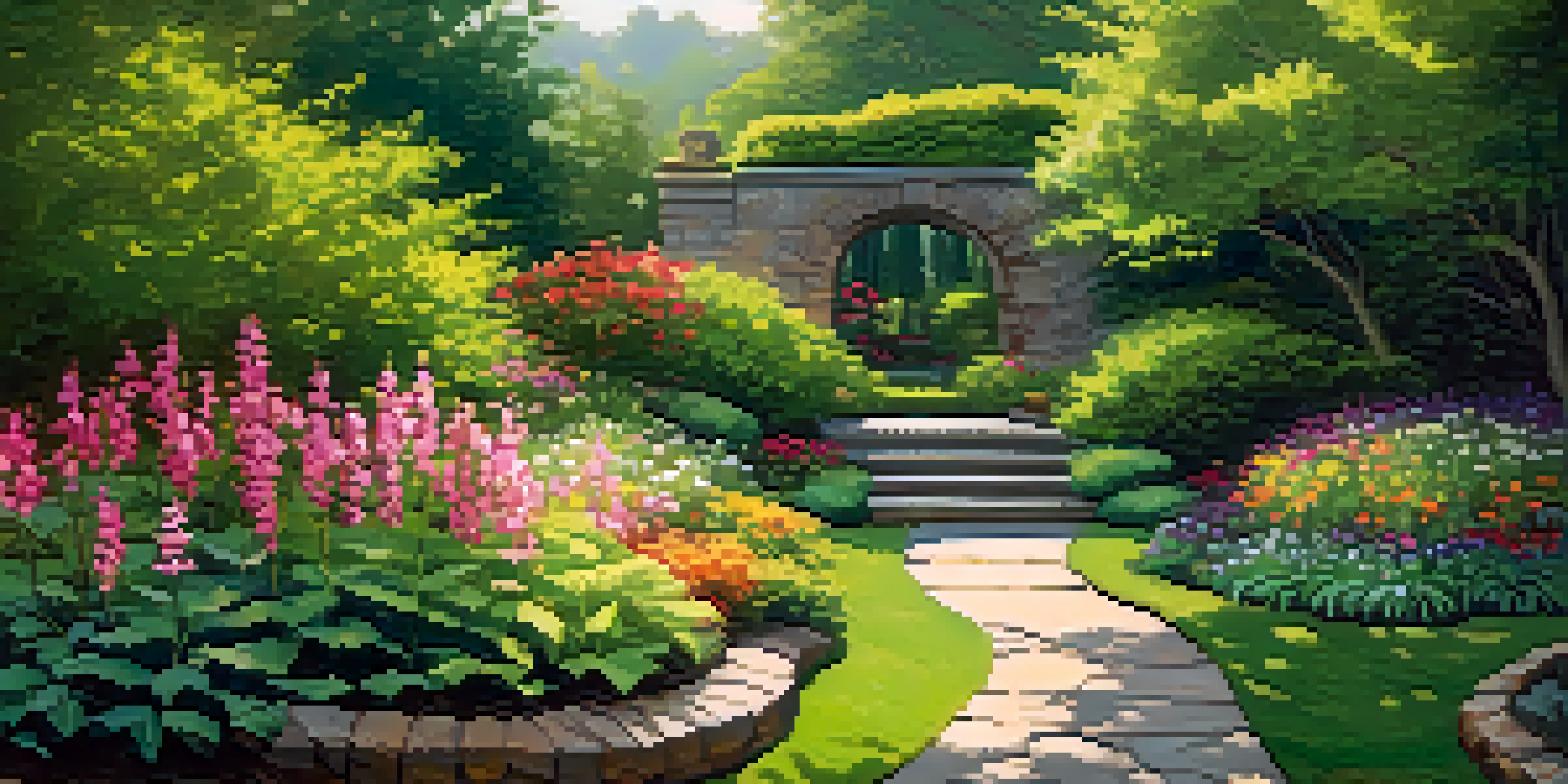 A peaceful hidden garden in Atlanta with blooming flowers, green foliage, and a winding stone path under soft sunlight.
