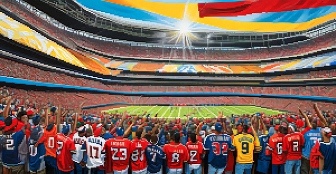 A diverse crowd of sports fans in Atlanta wearing team jerseys, celebrating in a stadium with bright lighting and colorful banners.