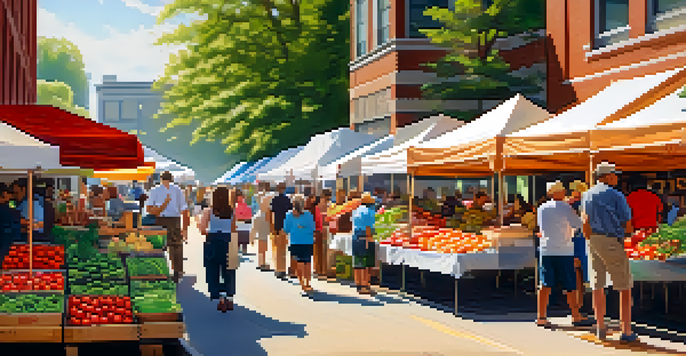 A lively farmers market in Atlanta with colorful produce stalls, people shopping, and live music in the background, illuminated by warm sunlight.