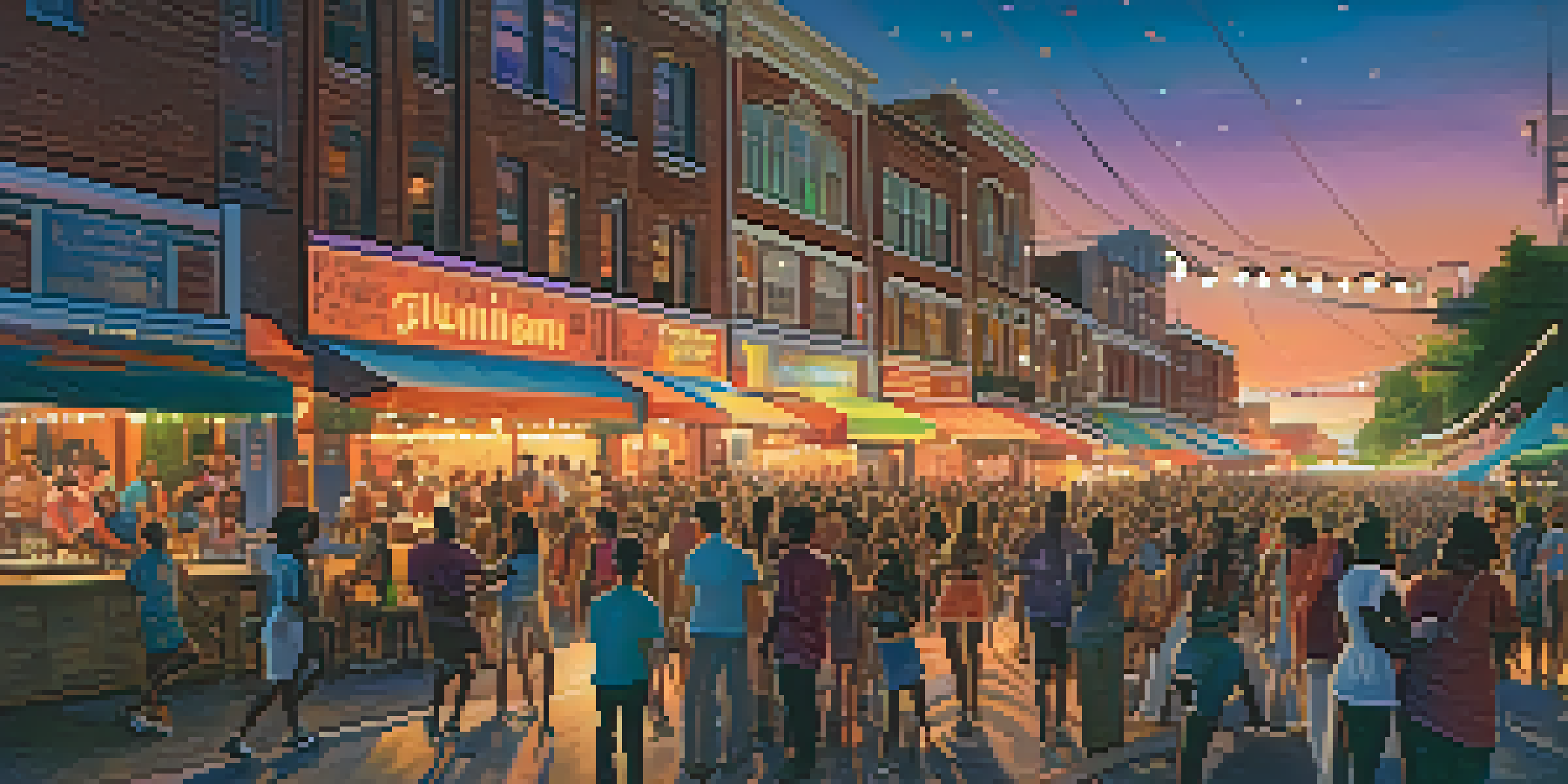 A lively street scene in Atlanta at a music festival with diverse musicians performing and an enthusiastic crowd enjoying the atmosphere.