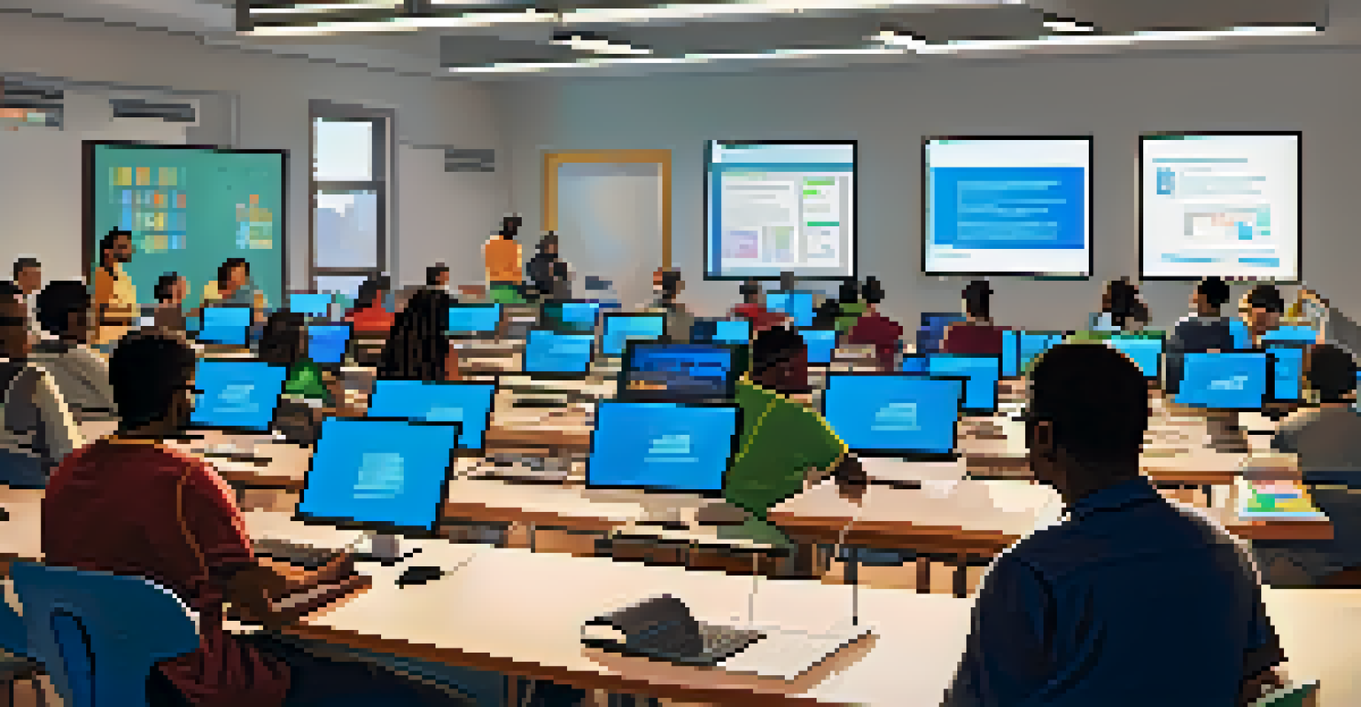 A diverse group of individuals in a classroom learning technology skills with a facilitator.