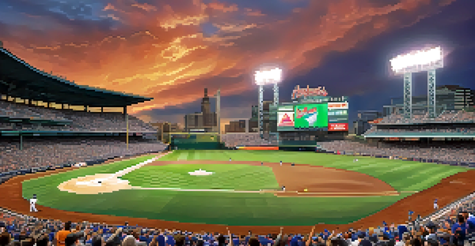 A lively baseball game at Truist Park with enthusiastic fans, players in action, and a beautiful sunset in the background.