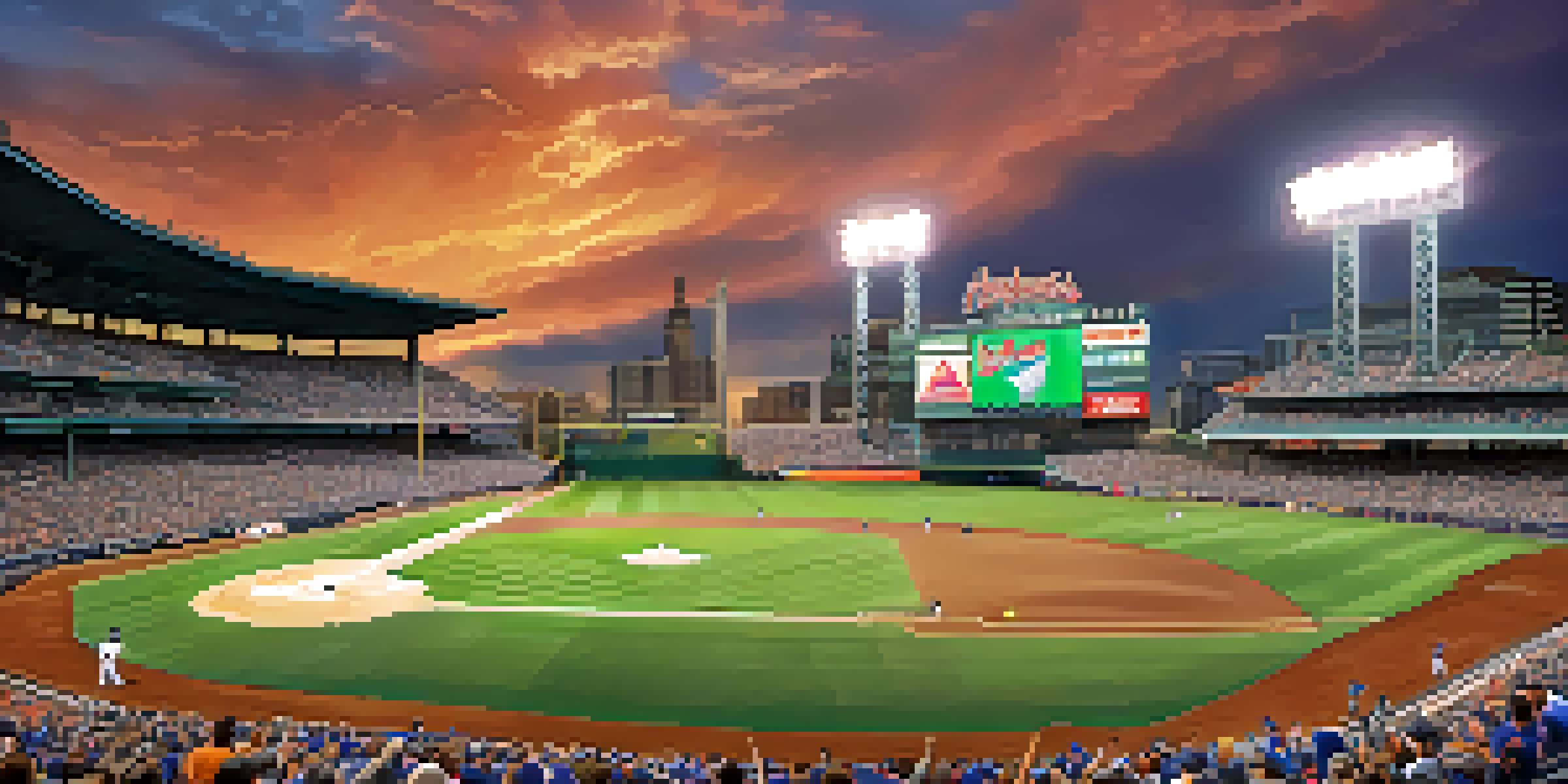A lively baseball game at Truist Park with enthusiastic fans, players in action, and a beautiful sunset in the background.