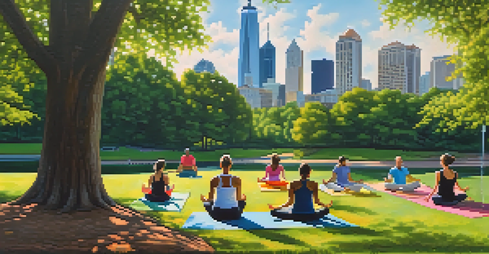 A group of individuals practicing yoga in a park with green trees and the Atlanta skyline in the background, illuminated by soft sunlight.