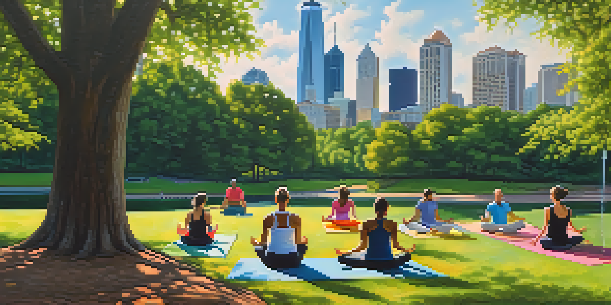 A group of individuals practicing yoga in a park with green trees and the Atlanta skyline in the background, illuminated by soft sunlight.