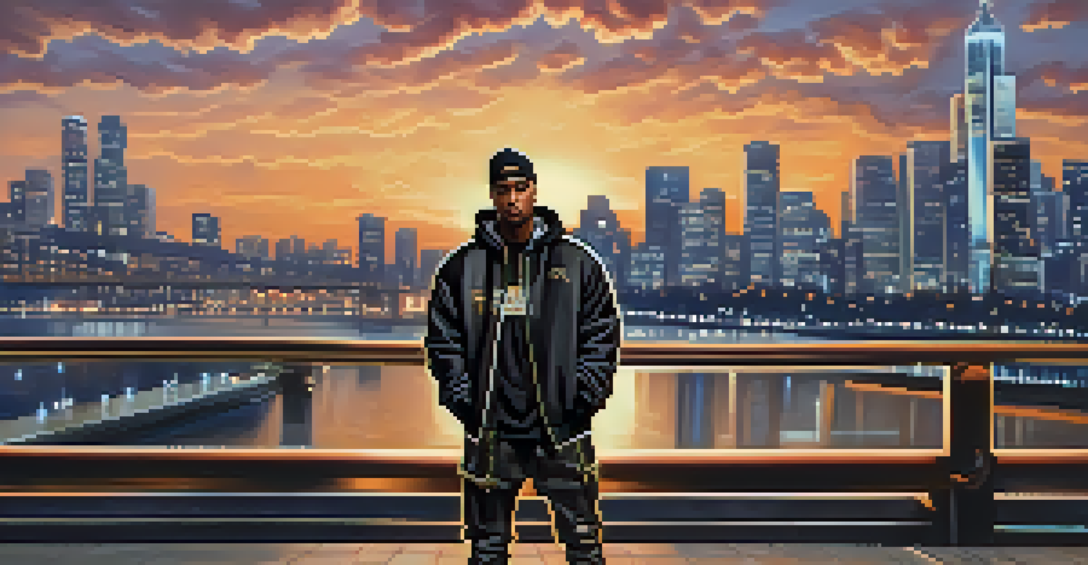 A hip-hop artist in luxury and streetwear fashion standing in an urban setting with a city skyline in the background.