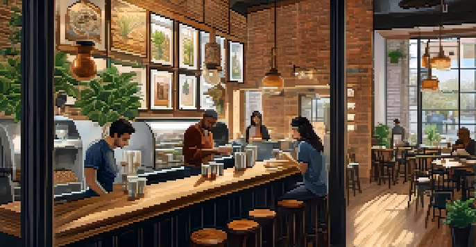 Interior of a cozy specialty coffee shop in Atlanta with wooden furniture, plants, warm lighting, and a barista making latte art.