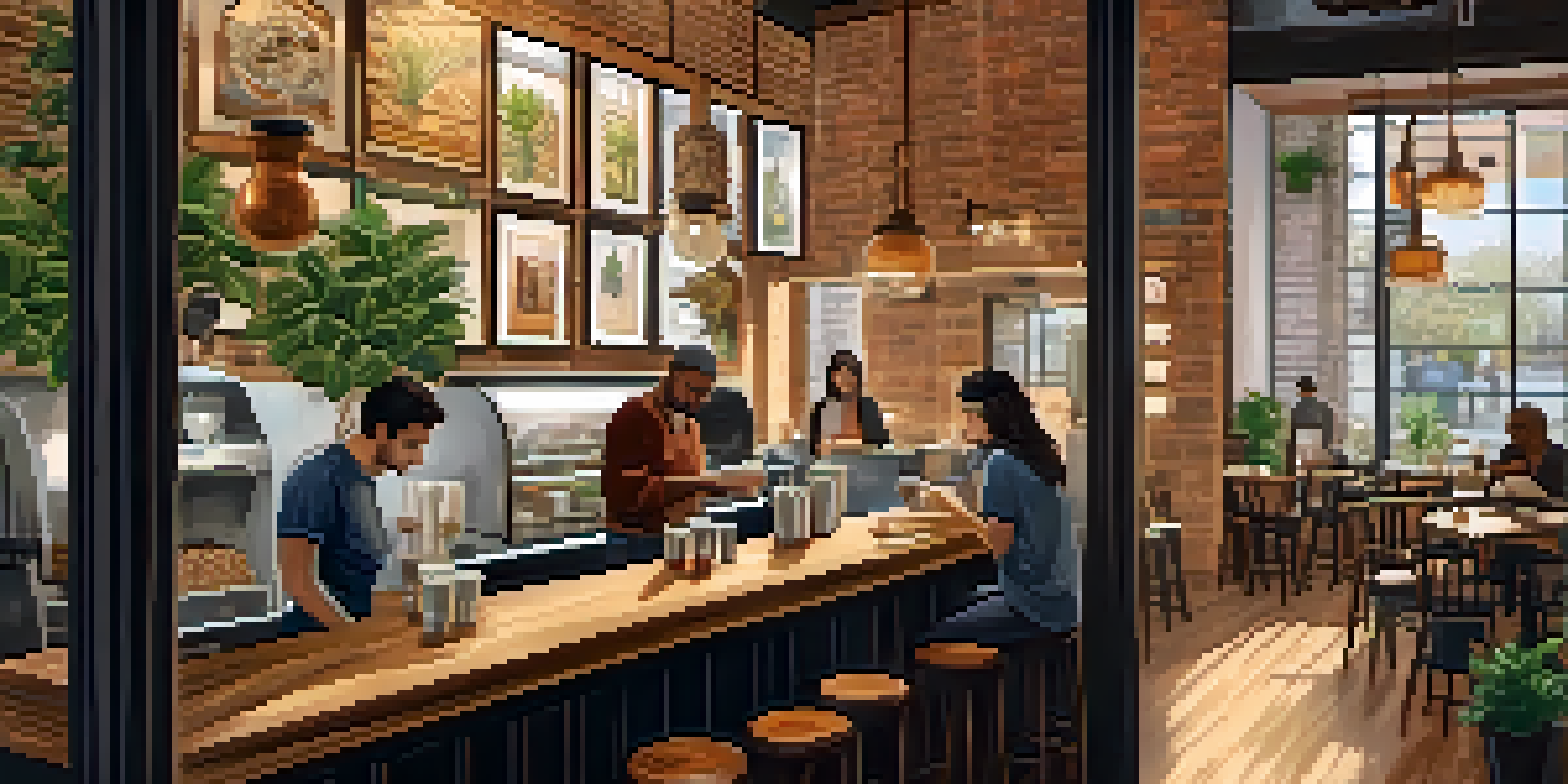 Interior of a cozy specialty coffee shop in Atlanta with wooden furniture, plants, warm lighting, and a barista making latte art.
