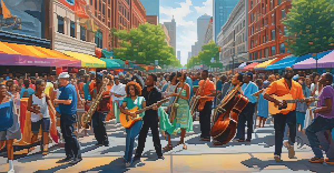 A lively outdoor music festival in Atlanta with performers and diverse crowds enjoying the music against a backdrop of city buildings.