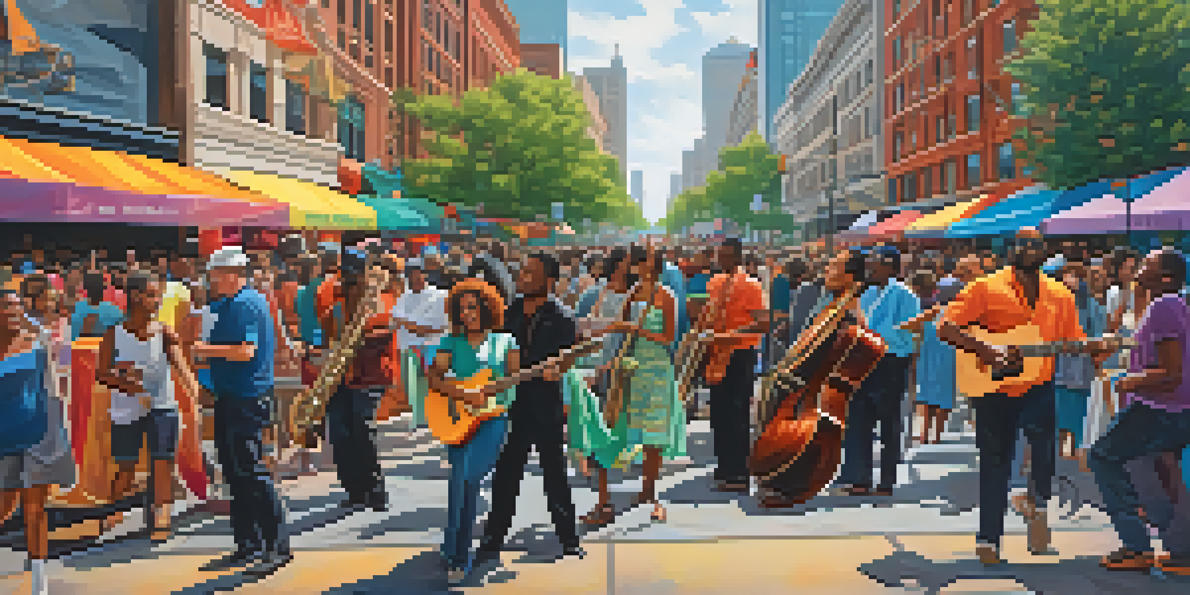 A lively outdoor music festival in Atlanta with performers and diverse crowds enjoying the music against a backdrop of city buildings.