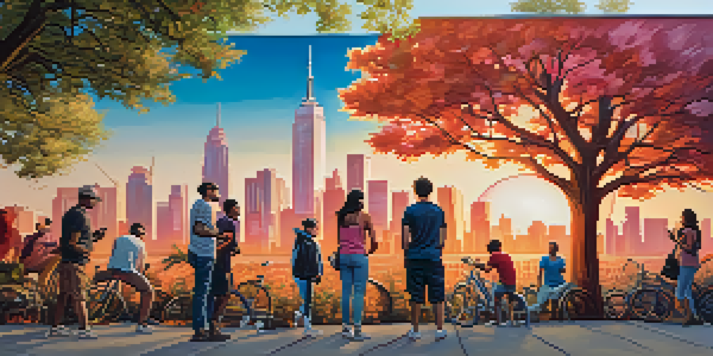 A colorful mural of a city skyline at sunset with diverse people admiring it in the foreground.