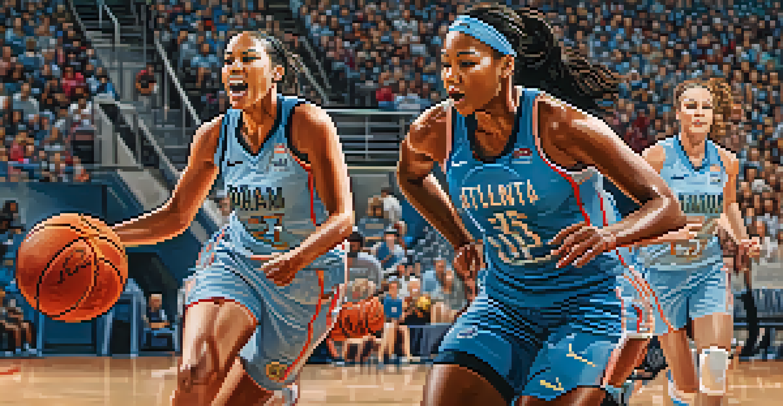 Female athletes from the Atlanta Dream playing basketball during a game, showcasing their athleticism with cheering fans in the background.