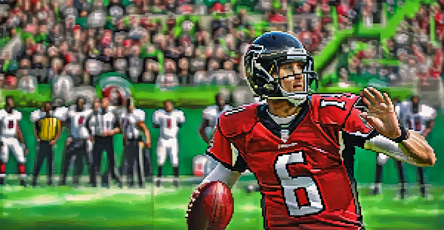 A focused quarterback in an Atlanta Falcons uniform throwing a football on a green field with stadium stands in the background.