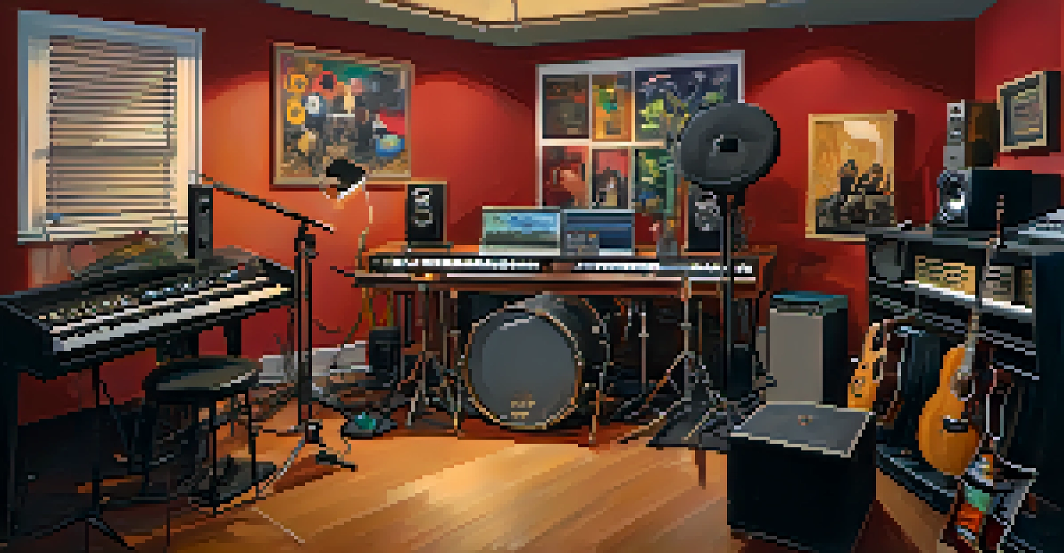 Musicians from diverse backgrounds collaborating in a cozy recording studio filled with instruments and warm lighting.