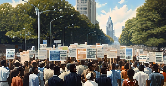 A historic black and white image of a diverse group of people marching for civil rights in Atlanta, with signs and the city skyline in the background.