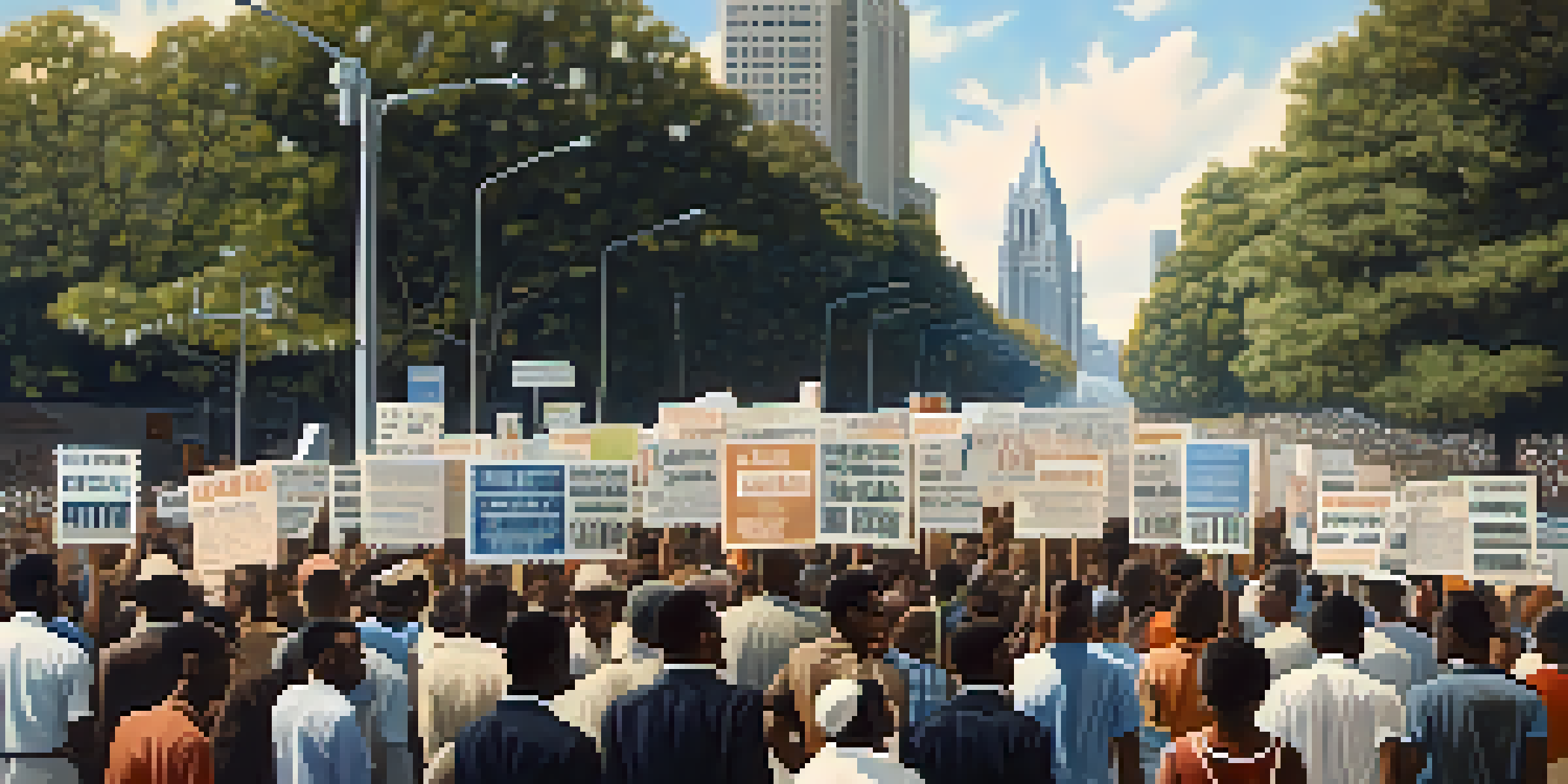 A historic black and white image of a diverse group of people marching for civil rights in Atlanta, with signs and the city skyline in the background.