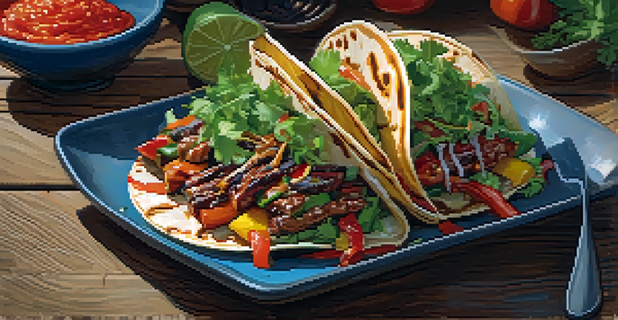 A close-up of a Korean BBQ taco garnished with cilantro and sriracha on a wooden table, illuminated by natural light.