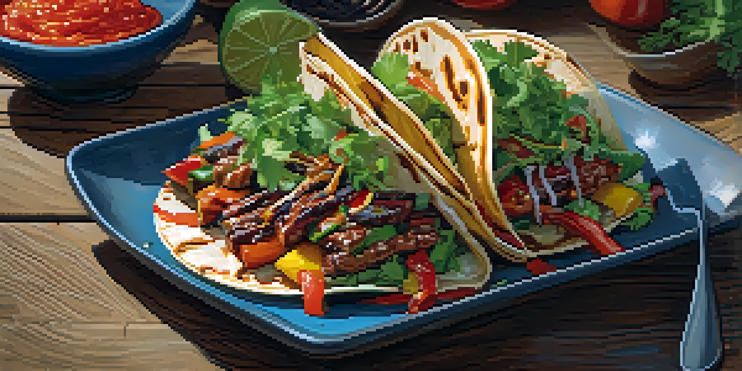 A close-up of a Korean BBQ taco garnished with cilantro and sriracha on a wooden table, illuminated by natural light.