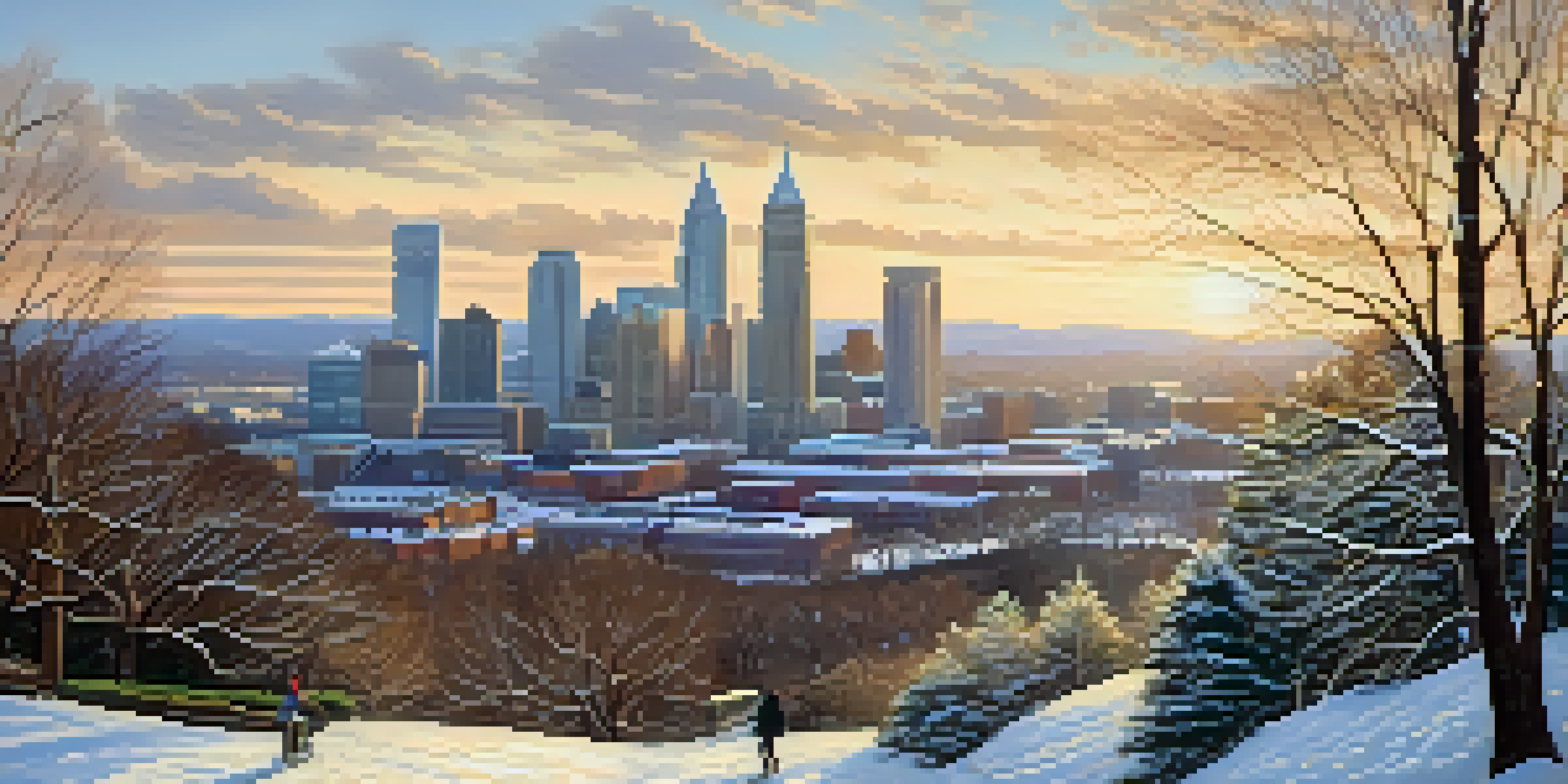 A winter scene in Atlanta with snow covering buildings and a park, with the Appalachian Mountains in the background and sunlight breaking through the clouds.