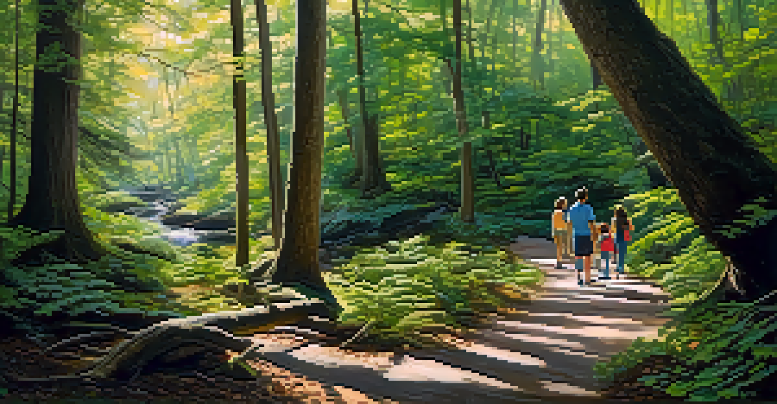 A family walking along a trail in Fernbank Forest, surrounded by trees and educational signs.