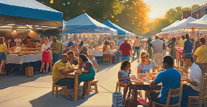 A lively outdoor BBQ festival in Atlanta with people enjoying smoked meats and colorful food stalls.