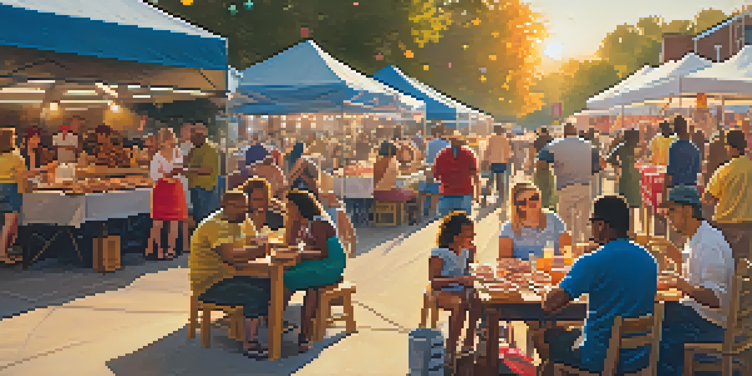A lively outdoor BBQ festival in Atlanta with people enjoying smoked meats and colorful food stalls.
