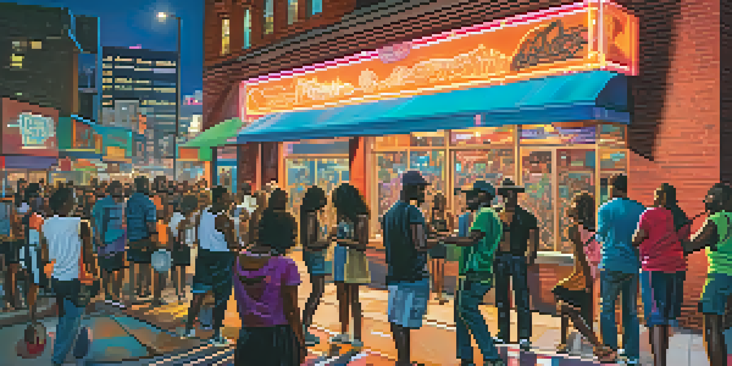 A lively street scene in Atlanta with a music venue illuminated by neon lights, people mingling, and colorful graffiti on the walls.