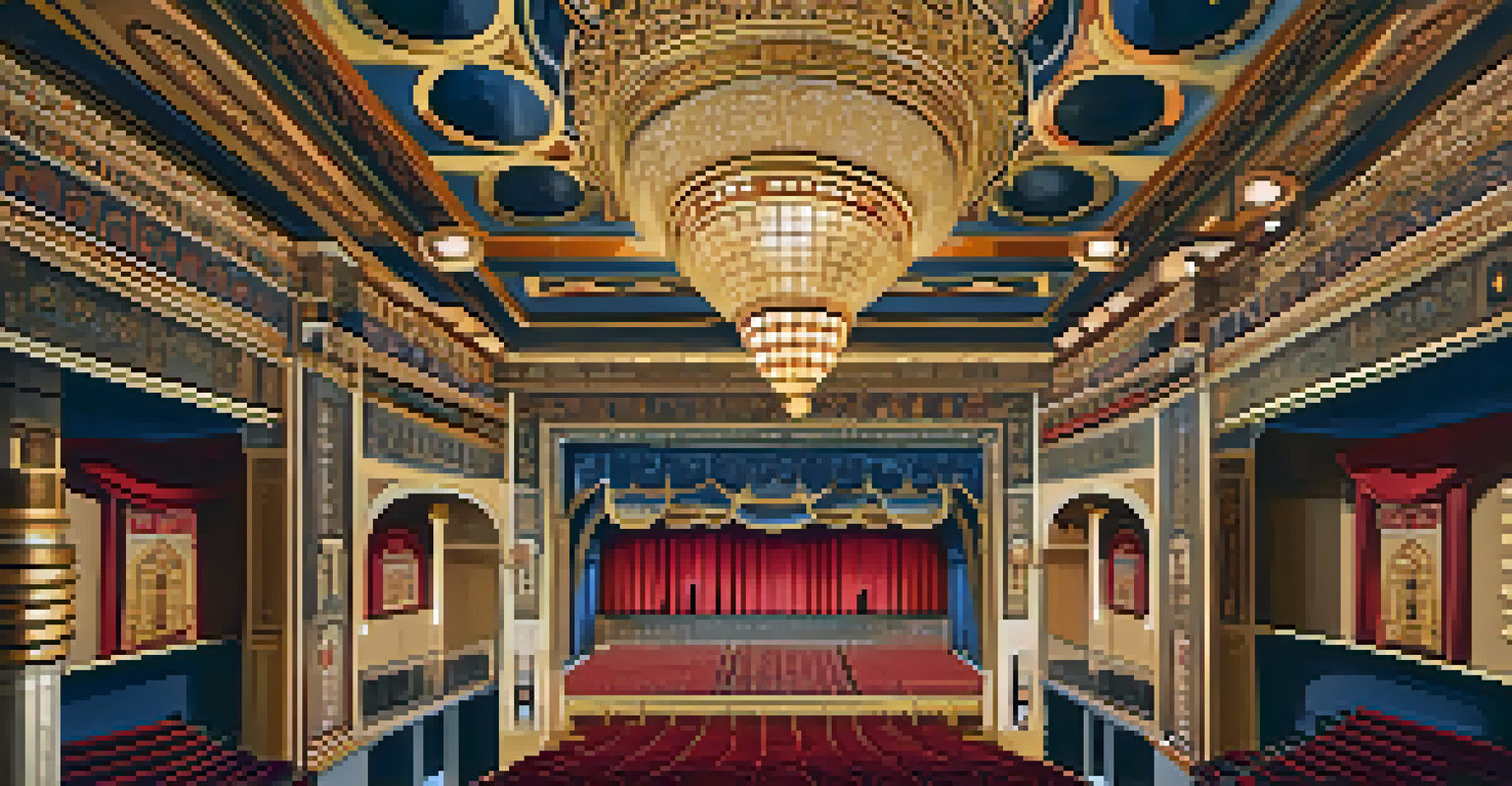 The interior of the Fox Theatre in Atlanta, featuring a grand chandelier and detailed Moorish and Egyptian architectural elements.