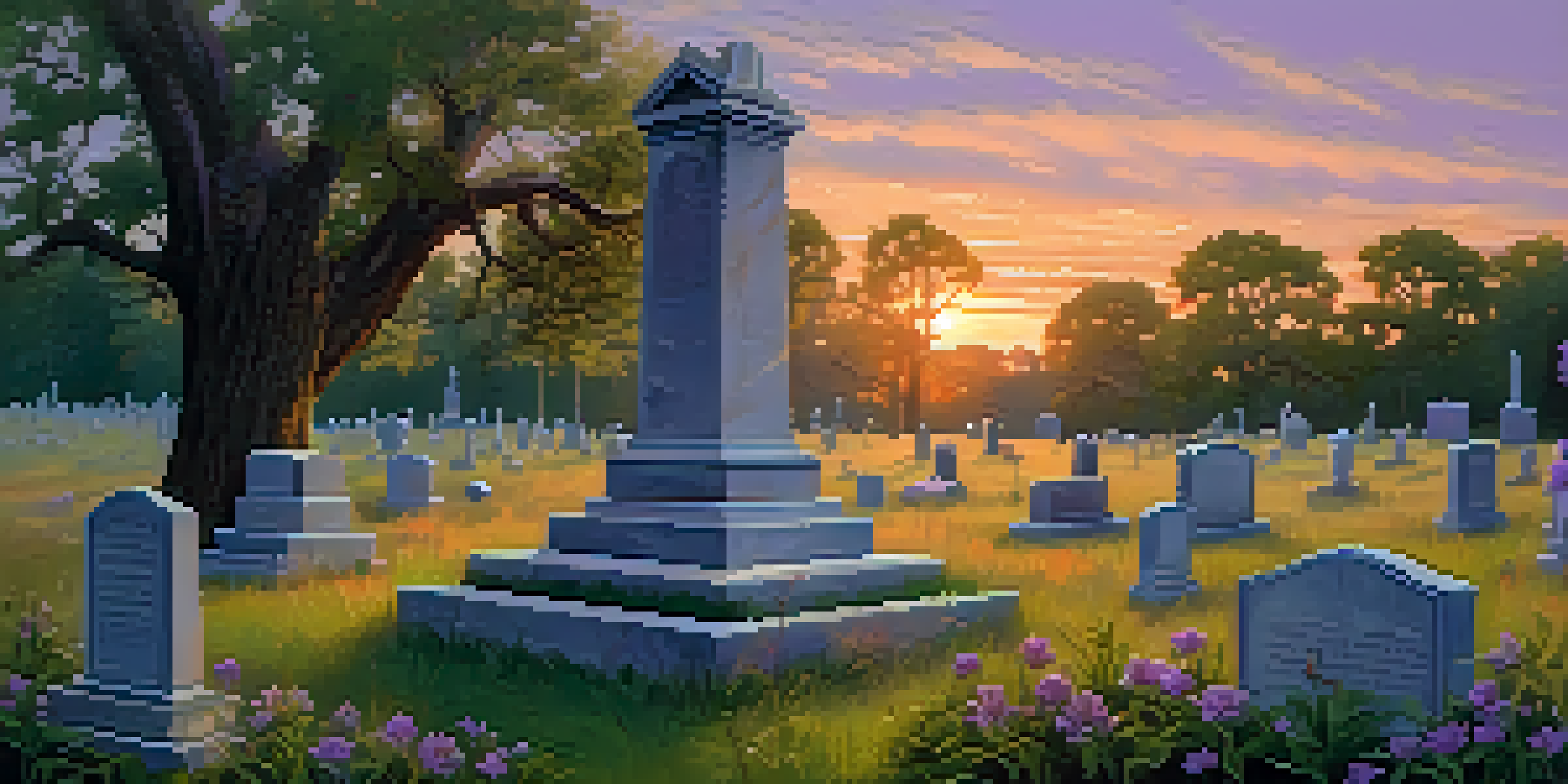 A tranquil scene of The Old Confederate Cemetery at sunset, featuring weathered tombstones and blooming wildflowers.