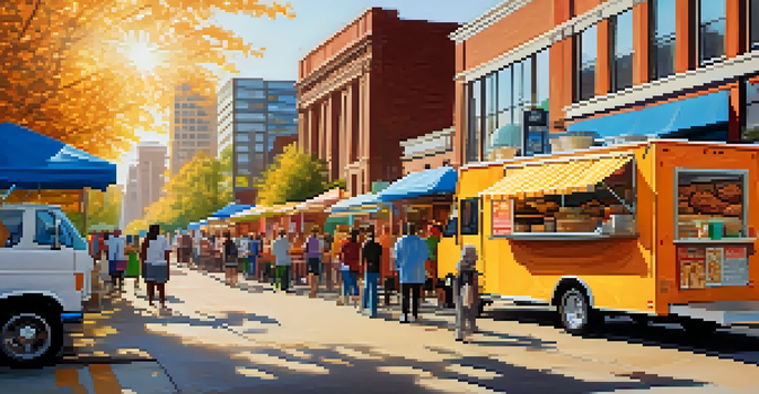 A lively street scene in Atlanta featuring colorful food trucks and diverse people enjoying various cuisines.