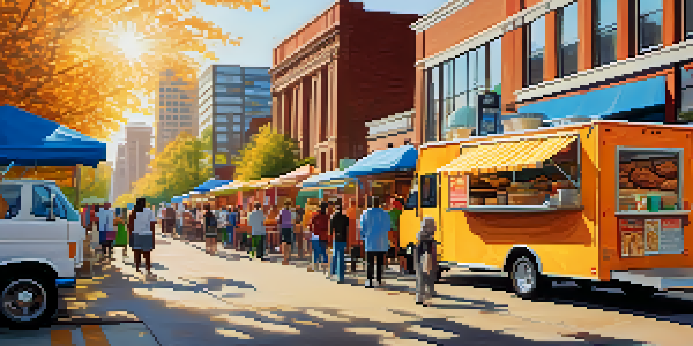 A lively street scene in Atlanta featuring colorful food trucks and diverse people enjoying various cuisines.