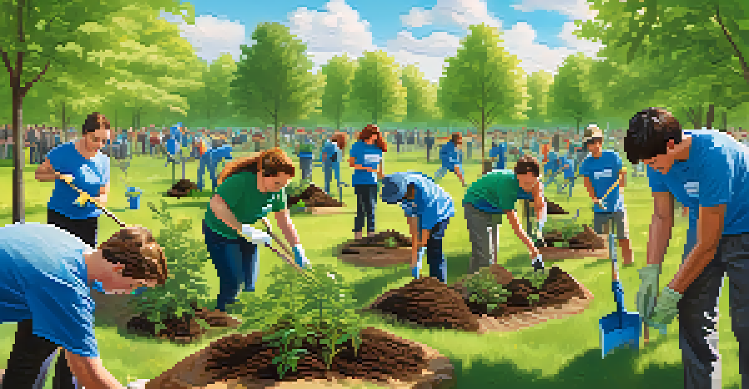 University students planting trees in a community park, showcasing teamwork and environmental care.